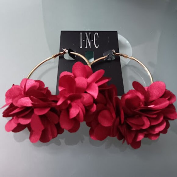 INC Glamorous Gold Burgundy Flower Statement Hoop Earrings**NEW! - Picture 3 of 6